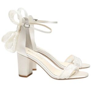 Bella Belle Ivory Laurie Lace Bridal Block Heels with Bow Wedding Sandals 9